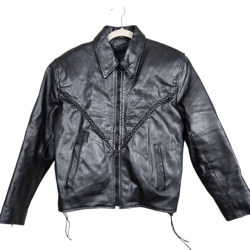 Antelope Creek Vintage Black Leather Moto Riding Jacket Braided HD Womens Size M